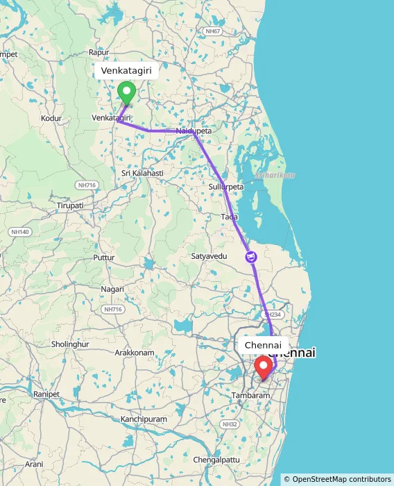Route map showing distance and travel time from Venkatagiri, India to Chennai, India