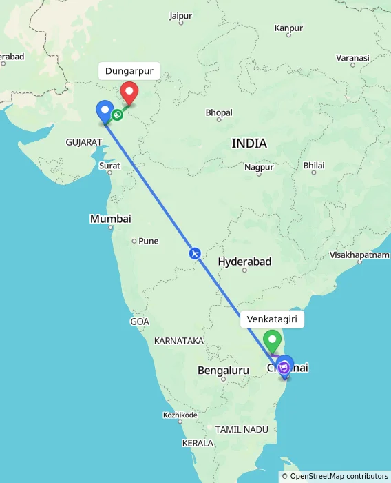 Route map showing distance and travel time from Venkatagiri, India to Dungarpur, India