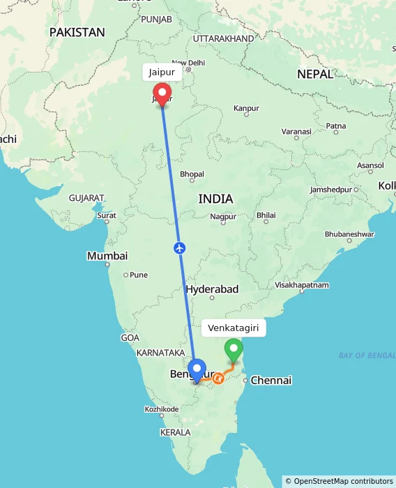Route map showing distance and travel time from Venkatagiri, India to Jaipur, India