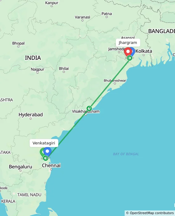 Route map showing distance and travel time from Venkatagiri, India to Jhargram, India