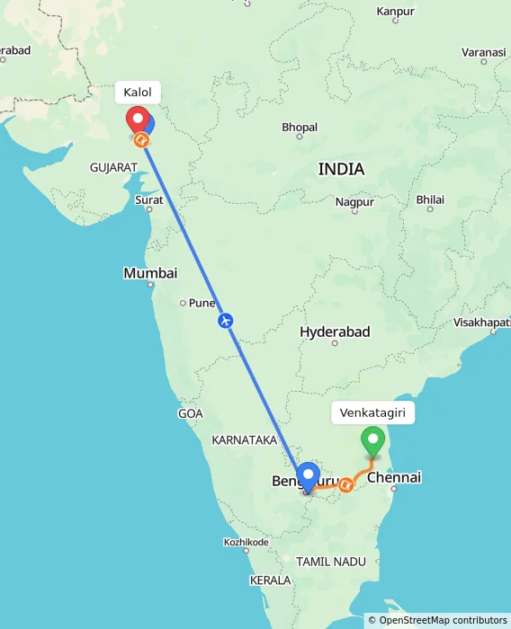 Route map showing distance and travel time from Venkatagiri, India to Kalol, India
