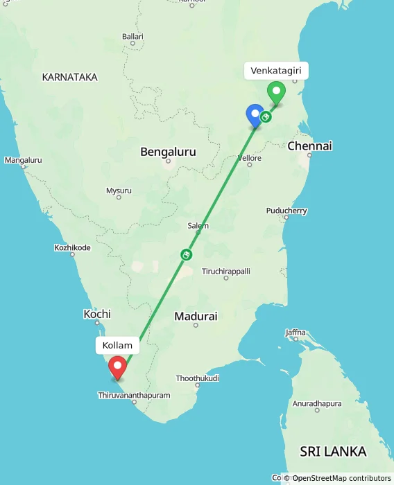 Route map showing distance and travel time from Venkatagiri, India to Kollam, India