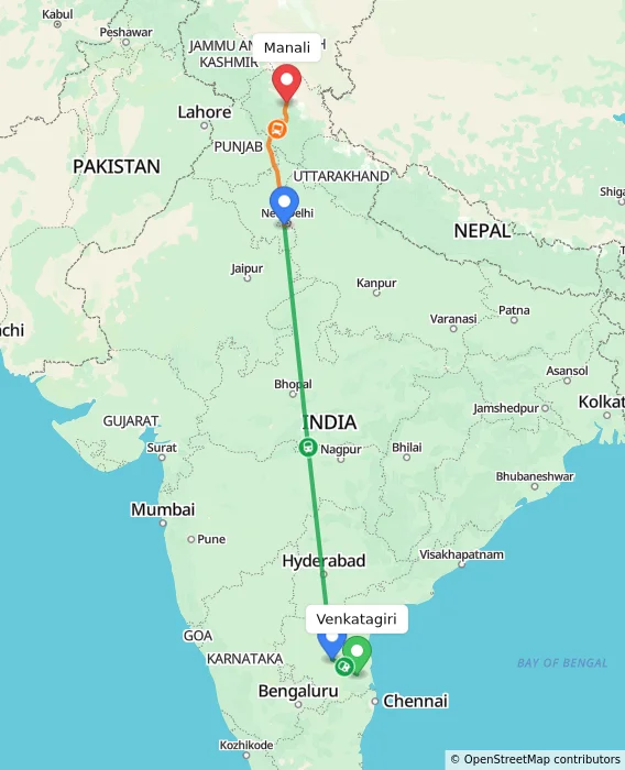 Route map showing distance and travel time from Venkatagiri, India to Manali, India