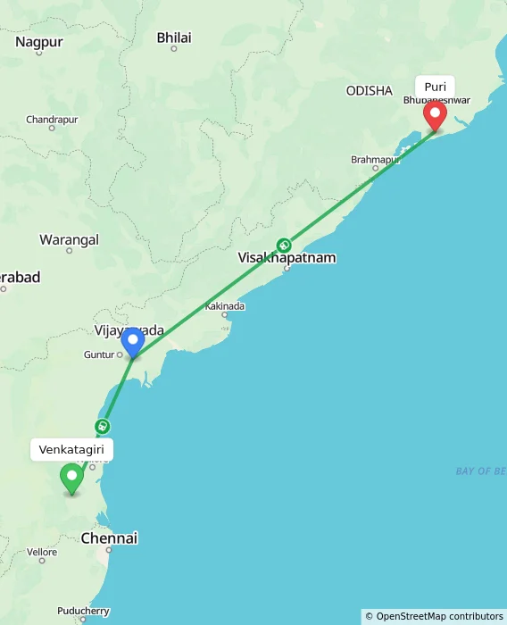 Route map showing distance and travel time from Venkatagiri, India to Puri, India