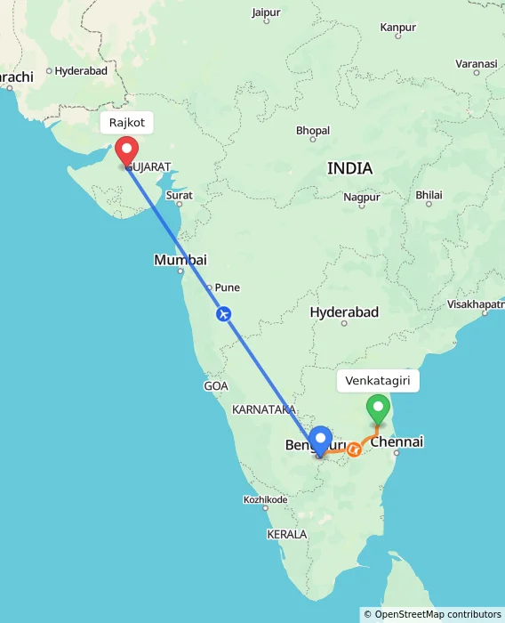 Route map showing distance and travel time from Venkatagiri, India to Rajkot, India