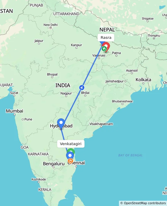 Route map showing distance and travel time from Venkatagiri, India to Rasra, India