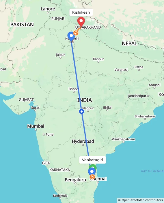 Route map showing distance and travel time from Venkatagiri, India to Rishikesh, India