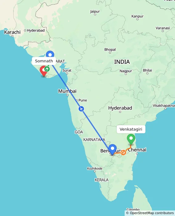 Route map showing distance and travel time from Venkatagiri, India to Somnath, India