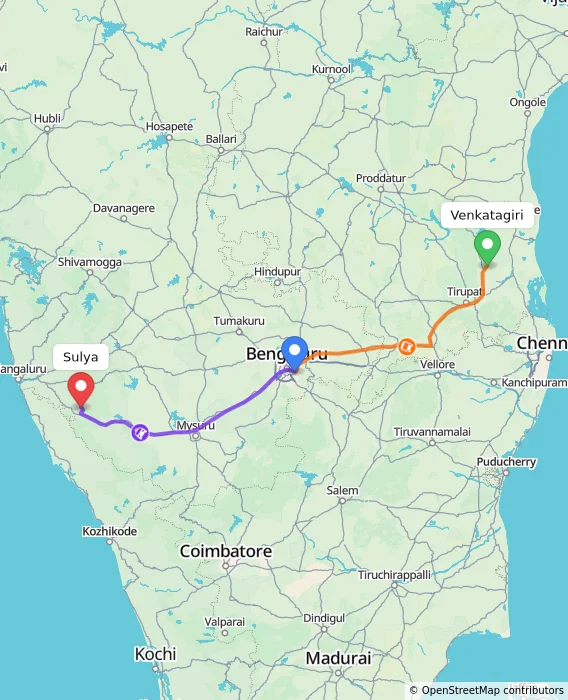 Route map showing distance and travel time from Venkatagiri, India to Sulya, India