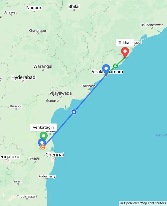 Route map showing distance and travel time from Venkatagiri, India to Tekkali, India