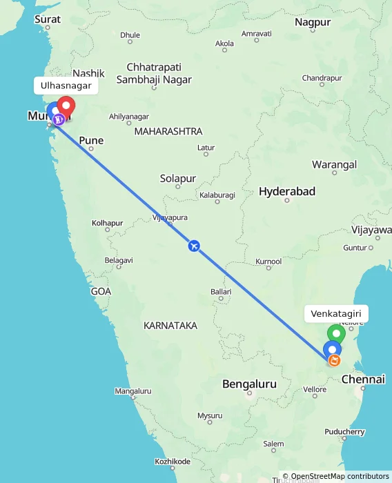 Route map showing distance and travel time from Venkatagiri, India to Ulhasnagar, India