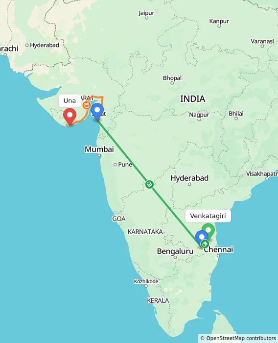 Route map showing distance and travel time from Venkatagiri, India to Una, India