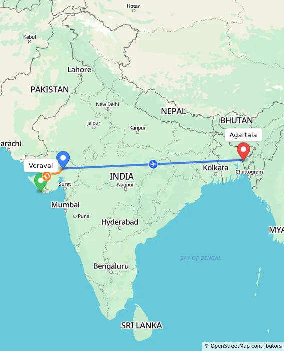 Route map showing distance and travel time from Veraval, India to Agartala, India