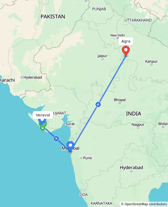 Route map showing distance and travel time from Veraval, India to Agra, India