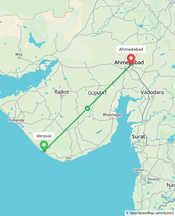 Route map showing distance and travel time from Veraval, India to Ahmedabad, India