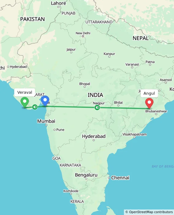 Route map showing distance and travel time from Veraval, India to Angul, India