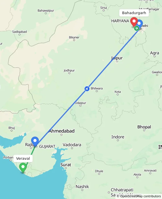 Route map showing distance and travel time from Veraval, India to Bahadurgarh, India