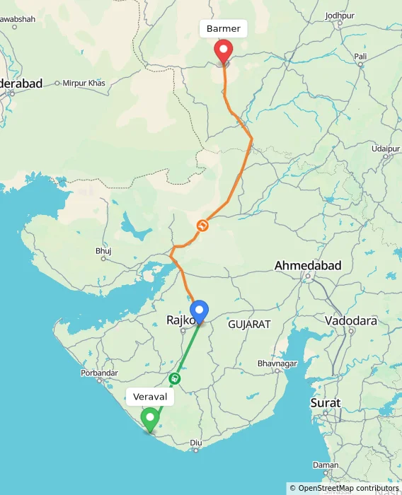 Route map showing distance and travel time from Veraval, India to Barmer, India