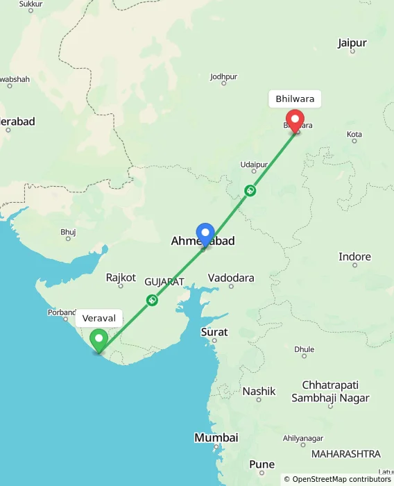 Route map showing distance and travel time from Veraval, India to Bhilwara, India