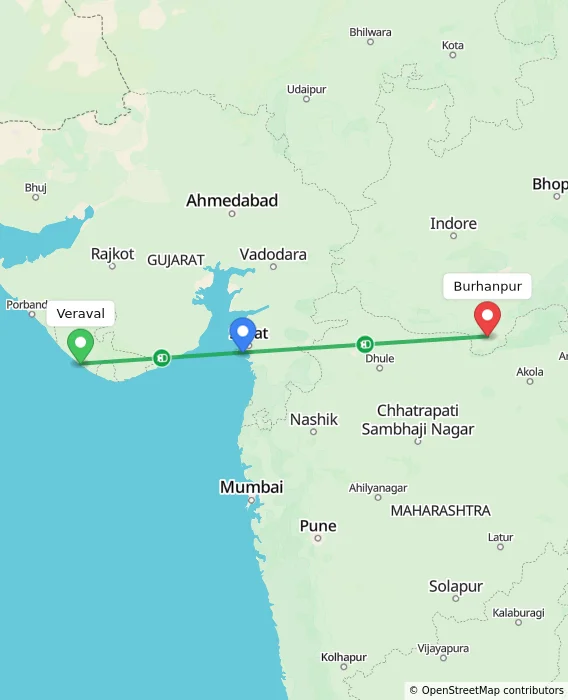 Route map showing distance and travel time from Veraval, India to Burhanpur, India