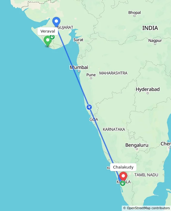 Route map showing distance and travel time from Veraval, India to Chalakudy, India