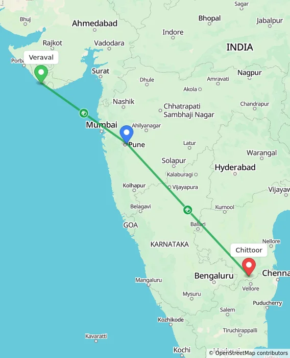 Route map showing distance and travel time from Veraval, India to Chittoor, India