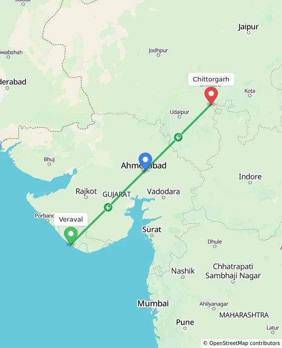 Route map showing distance and travel time from Veraval, India to Chittorgarh, India