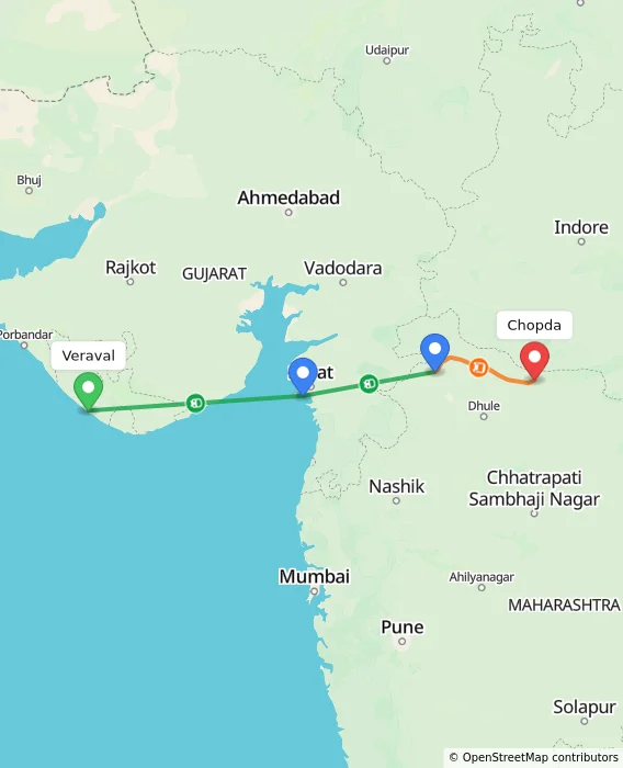 Route map showing distance and travel time from Veraval, India to Chopda, India
