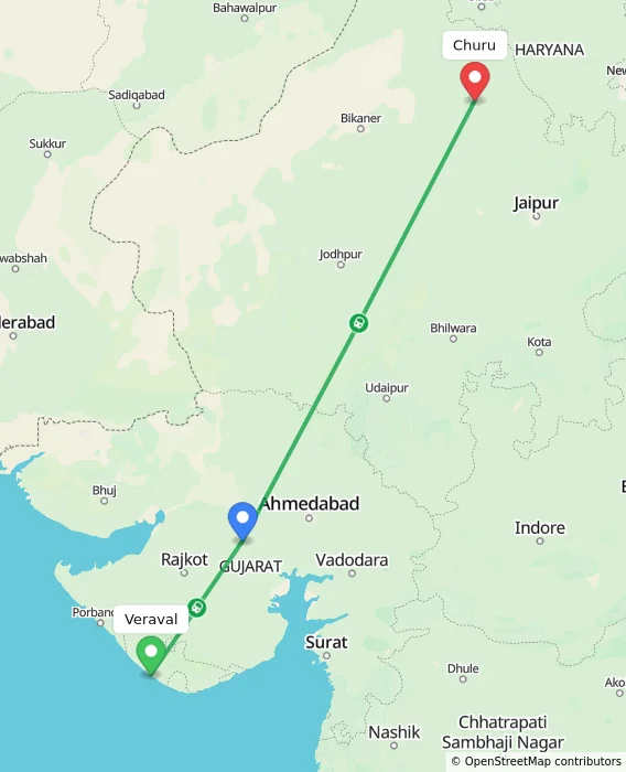 Route map showing distance and travel time from Veraval, India to Churu, India