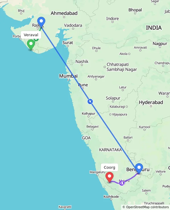 Route map showing distance and travel time from Veraval, India to Coorg, India