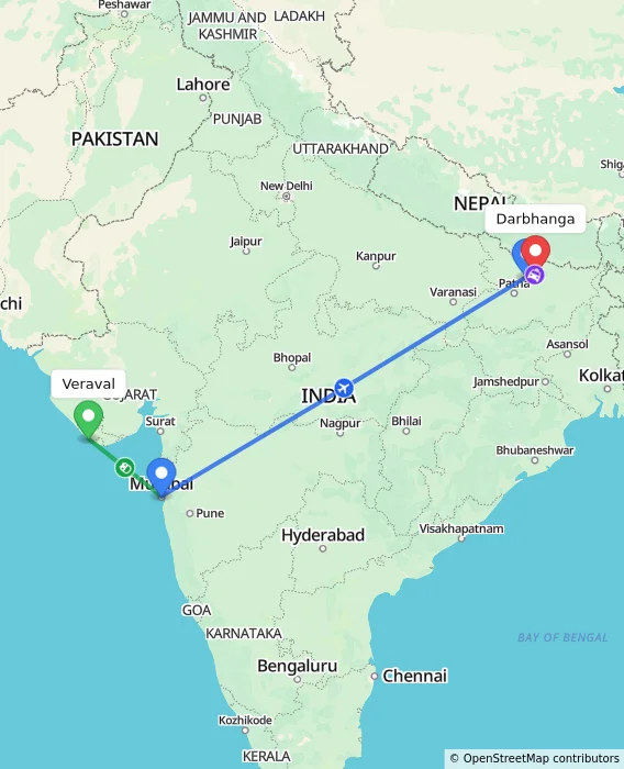Route map showing distance and travel time from Veraval, India to Darbhanga, India