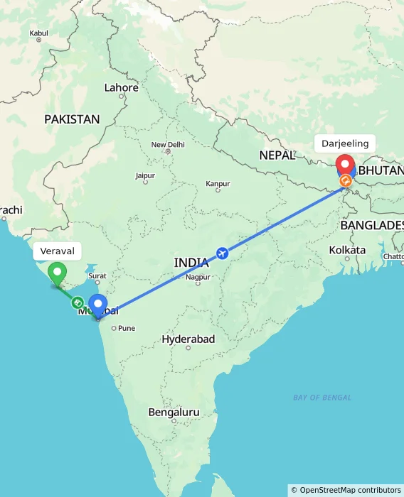 Route map showing distance and travel time from Veraval, India to Darjeeling, India