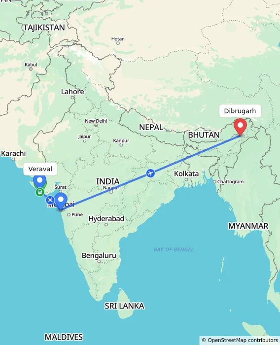 Route map showing distance and travel time from Veraval, India to Dibrugarh, India