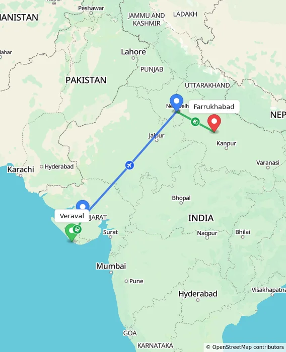 Route map showing distance and travel time from Veraval, India to Farrukhabad, India