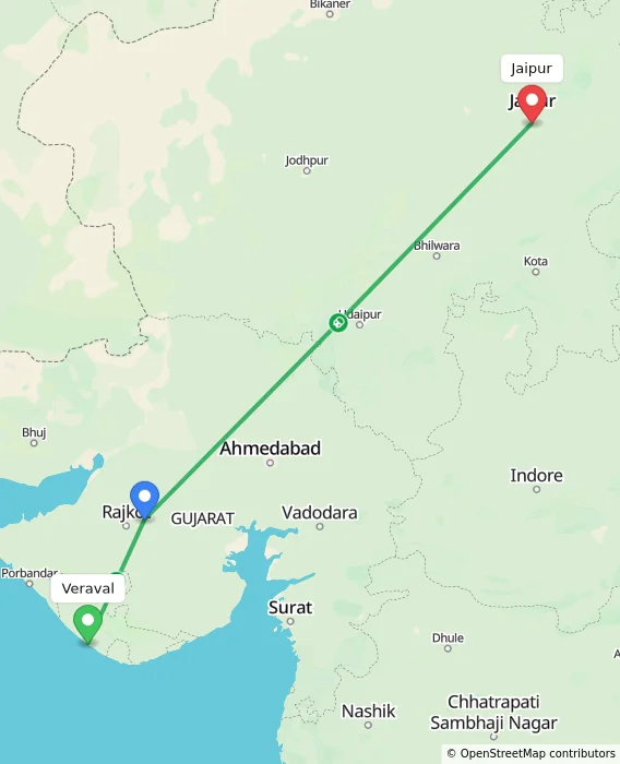 Route map showing distance and travel time from Veraval, India to Jaipur, India