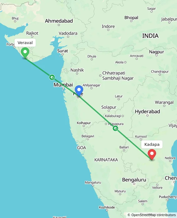 Route map showing distance and travel time from Veraval, India to Kadapa, India