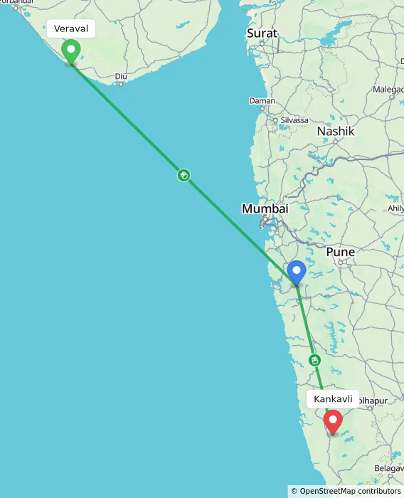 Route map showing distance and travel time from Veraval, India to Kankavli, India