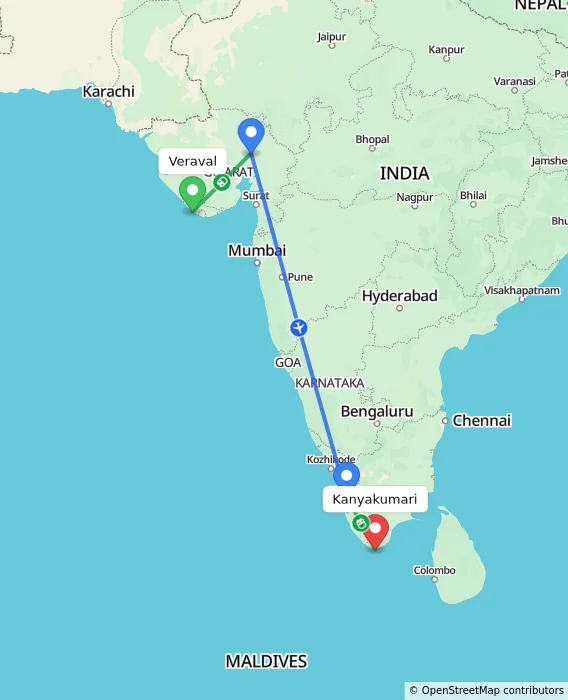 Route map showing distance and travel time from Veraval, India to Kanyakumari, India