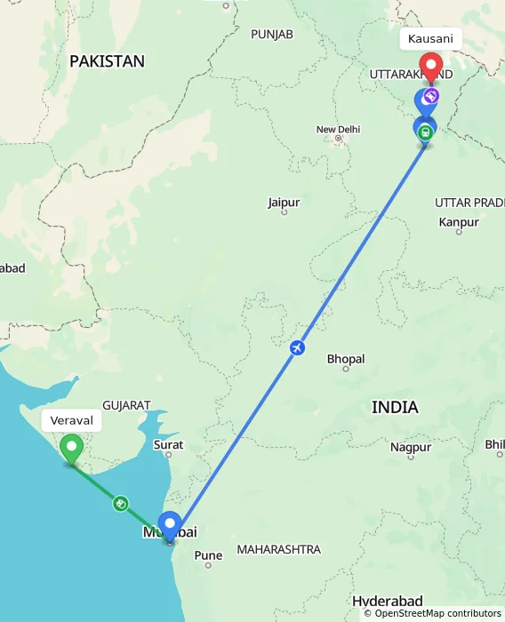 Route map showing distance and travel time from Veraval, India to Kausani, India