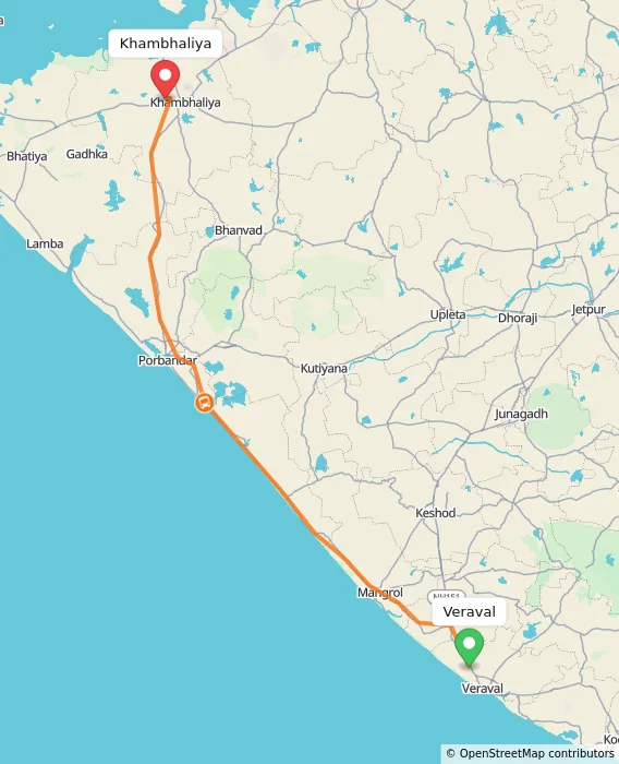 Route map showing distance and travel time from Veraval, India to Khambhaliya, India