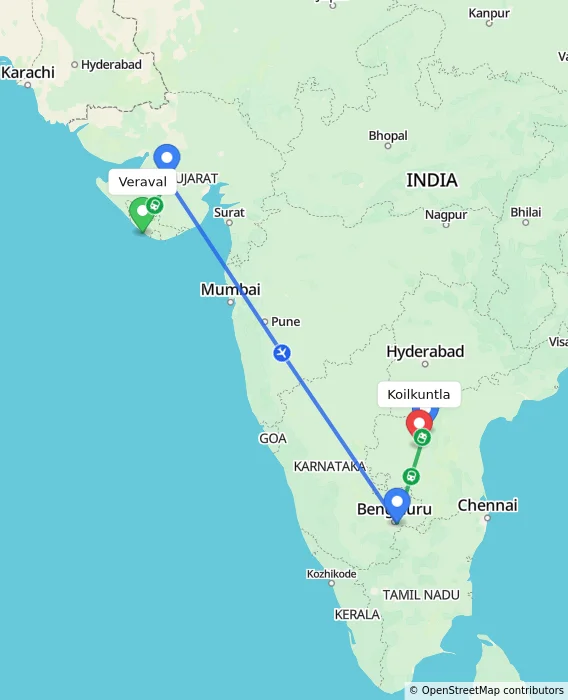 Route map showing distance and travel time from Veraval, India to Koilkuntla, India