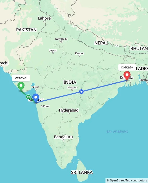 Route map showing distance and travel time from Veraval, India to Kolkata, India