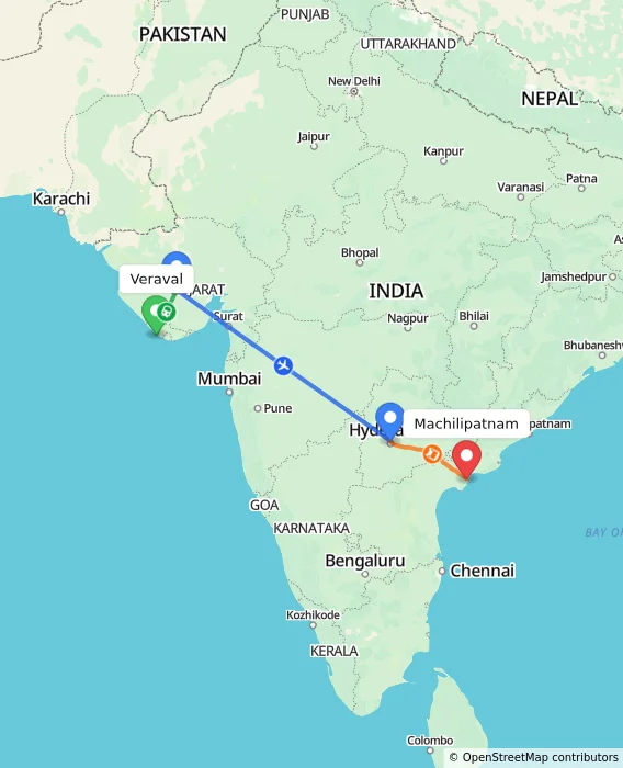 Route map showing distance and travel time from Veraval, India to Machilipatnam, India