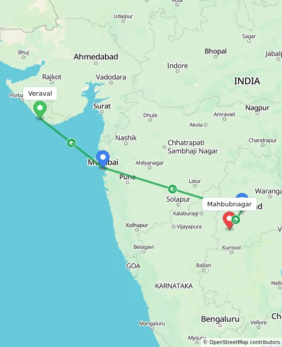 Route map showing distance and travel time from Veraval, India to Mahbubnagar, India