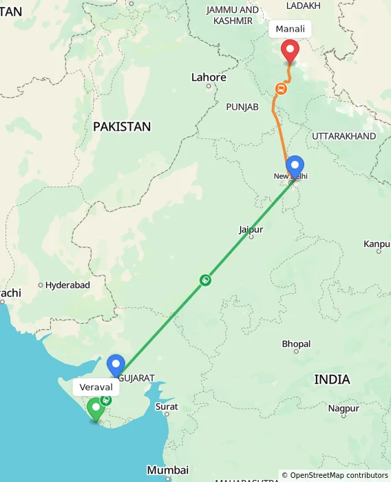 Route map showing distance and travel time from Veraval, India to Manali, India