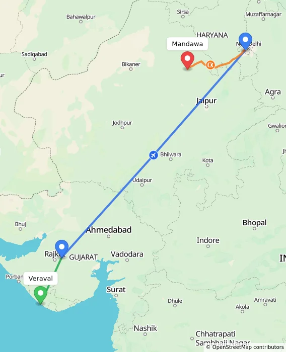 Route map showing distance and travel time from Veraval, India to Mandawa, India