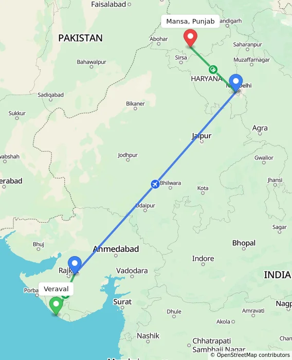 Route map showing distance and travel time from Veraval, India to Mansa, Punjab, India