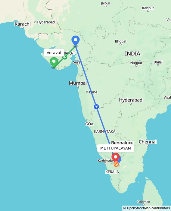 Route map showing distance and travel time from Veraval, India to METTUPALAYAM, India