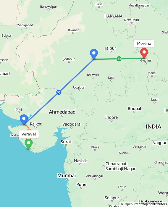 Route map showing distance and travel time from Veraval, India to Morena, India