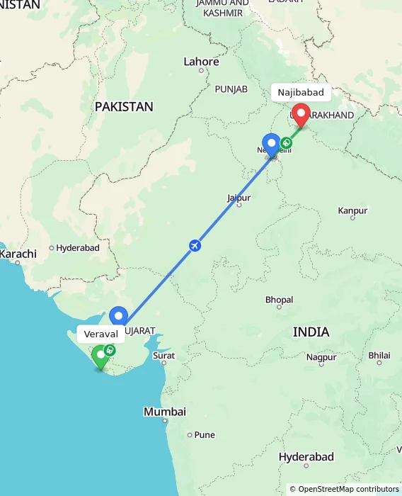 Route map showing distance and travel time from Veraval, India to Najibabad, India